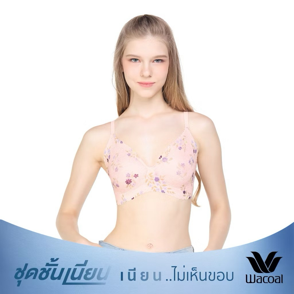 Wacoal Go Girls Smart Size Lacy Look บราไร้โครงวาโก้ 3ตะขอ รุ่น WB3Y36 มี2สี,ขาวครีม/ชมพูโอรส)