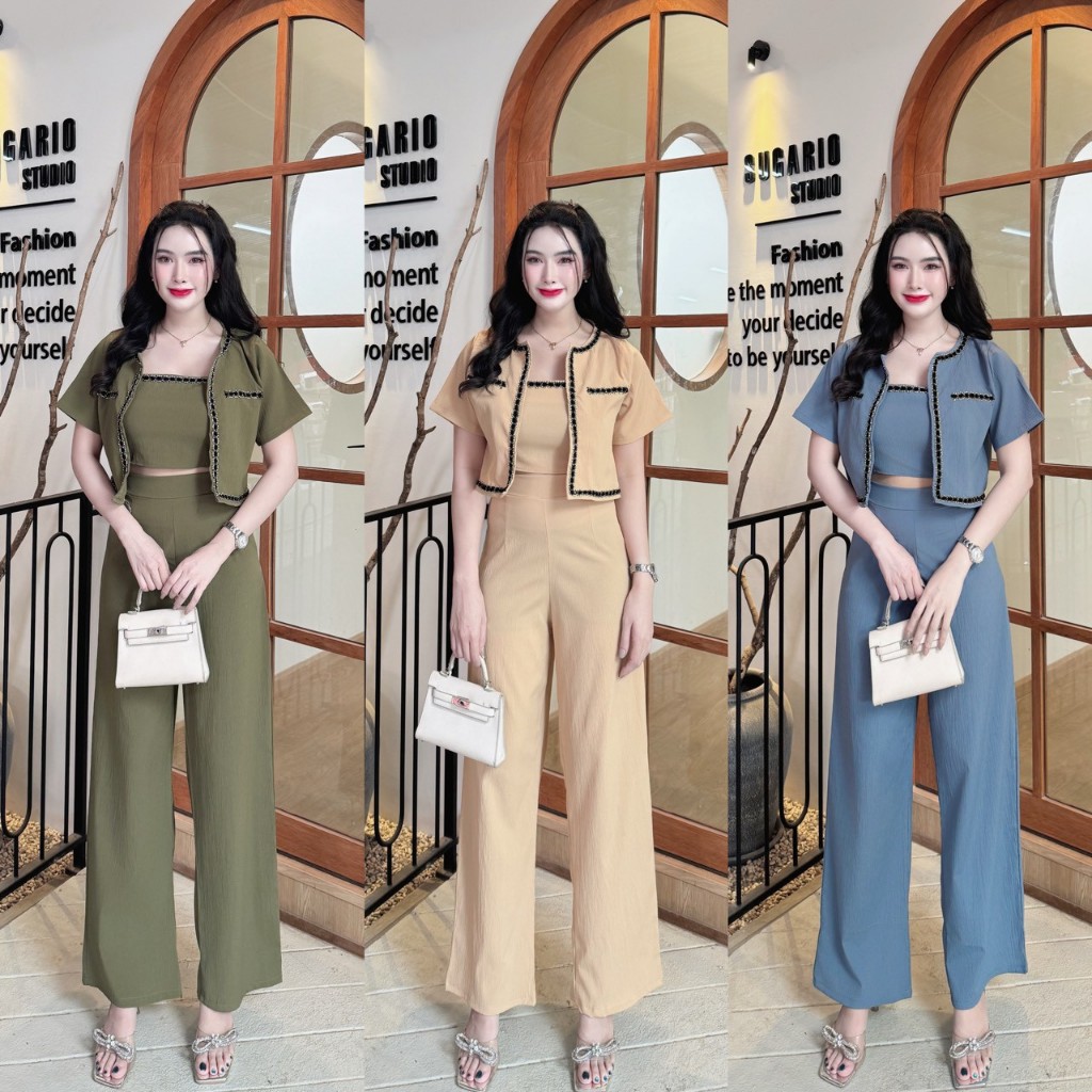 ชุดเซตยาว 3 ชิ้น ผ้าครัช เสื้อคลุมแต่งกุ้นแขนสั้น+สายเดี่ยว+กางเกงเอวเรียบสม็อคหลัง  A6667