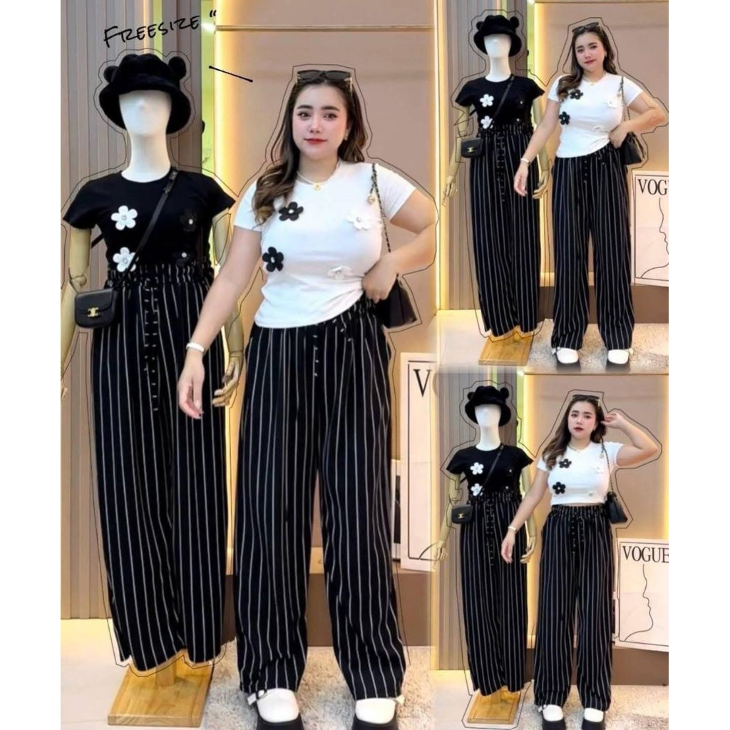 💕SETเสื้อติดอะไหล่ดอกไม้+กางเกงริ้ว💕#สาวอวบ