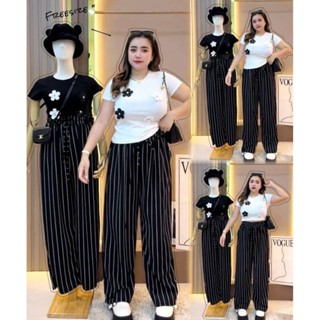 💕SETเสื้อติดอะไหล่ดอกไม้+กางเกงริ้ว💕#สาวอวบ