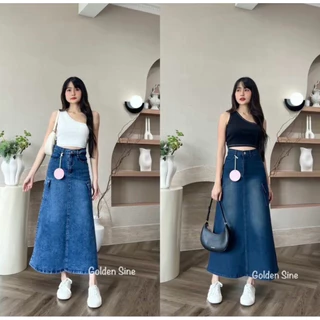 Cargo Skirt กระโปรงยาวเอวสูงกระเป๋าคาร์โก้ ความยาว 35 นิ้วเนื้อผ้ายีนส์ยืดคอตตอน