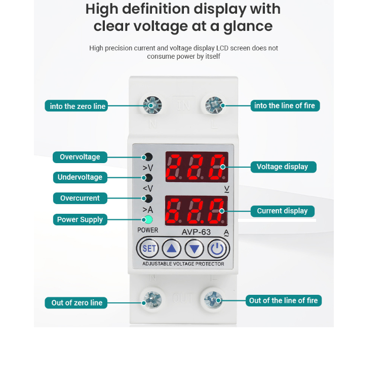 VA Protector ป้องกันแรงดันไฟฟ้าสูงเกิน ต่ำเกิน กระแสเกิน กันไฟกระชาก AVP-40A/63A 220V 50Hz