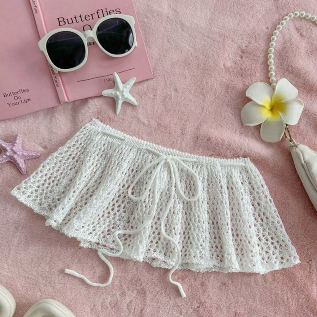 MAYU SUMMER พร้อมส่ง กระโปร่งไหมพรมงานถักเชือกสายผูกเอว