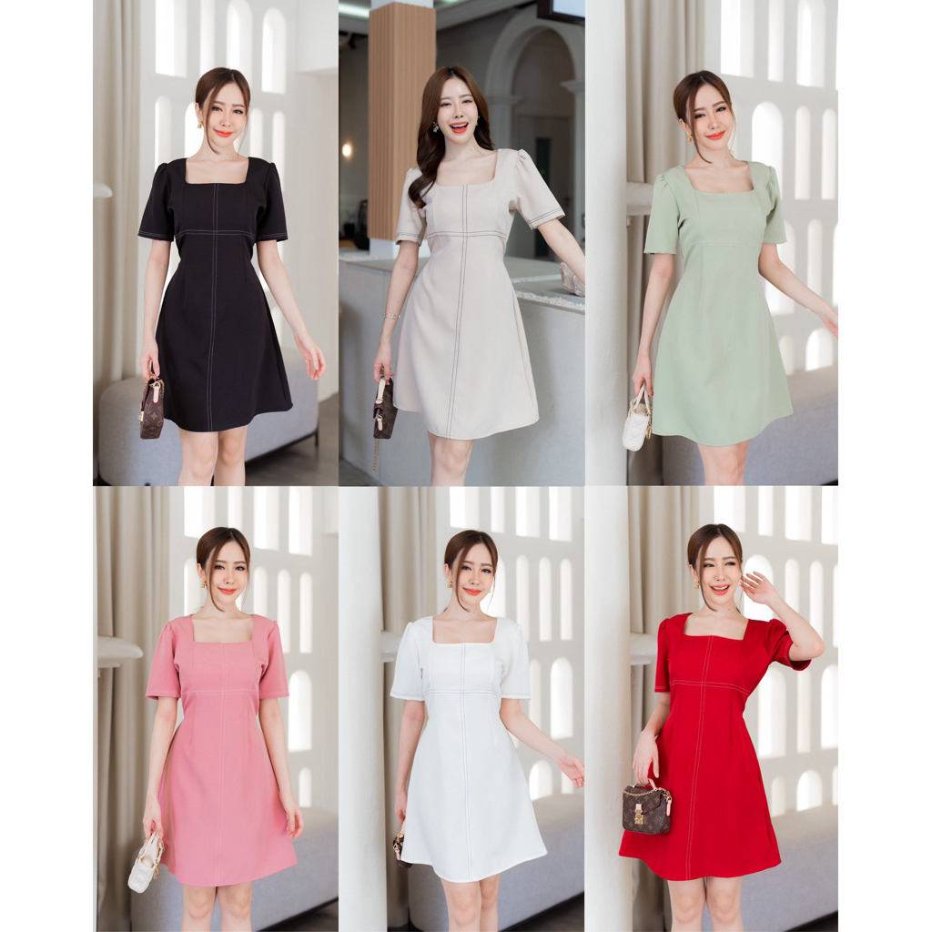 Dolly dress เดรสคอเหลี่ยมเดินด้ายคู่ทูโทน ป้าย VERA