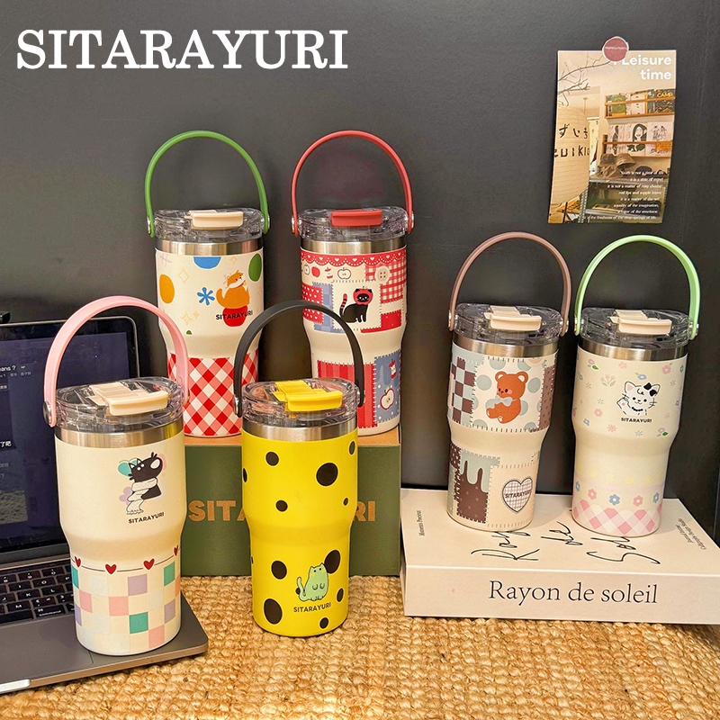 SITARAYURI แก้วเก็บความเย็น/ร้อน มีลายการ์ตูนน่ารัก 6 แบบ มีด้ามจับนุ่มสบายมือ มีปากดื่ม 2 แบบ 600ml/900ml