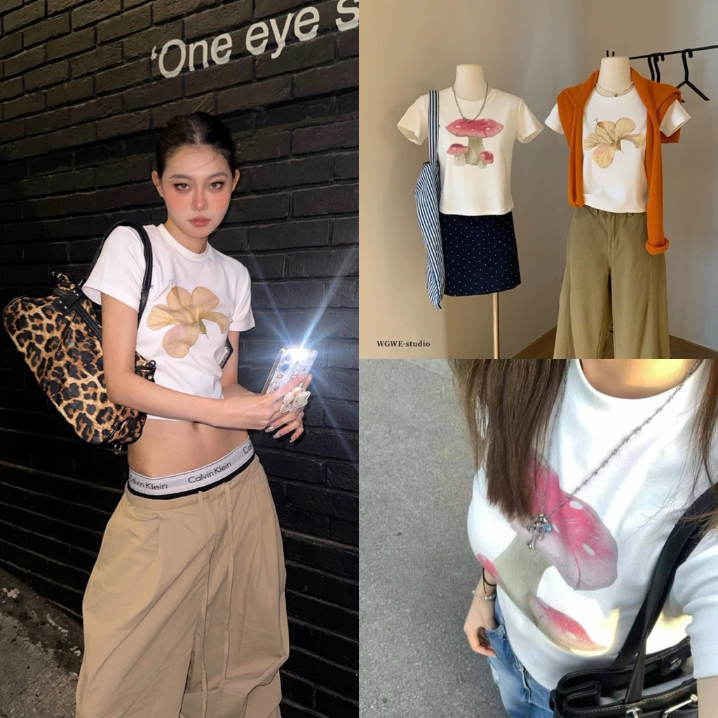 WG.WE 5809 🍄🌼 เสื้อยืดคอกลม สกรีนหน้าบอกเลยรุ่นนี้น่ารัก
