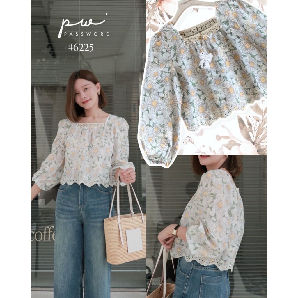Password#6225เสื้อคอเหลี่ยมงานผ้าคอตตอนปักฉลุลายโบว์