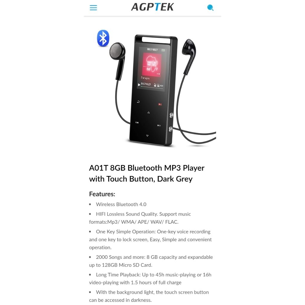 เครื่องเล่น Mp3 lossless video AGPTEX A01T 8G บลูทูธ เพิ่มเมมได้ 128G ปุ่มทัส พร้อมใช้ O1