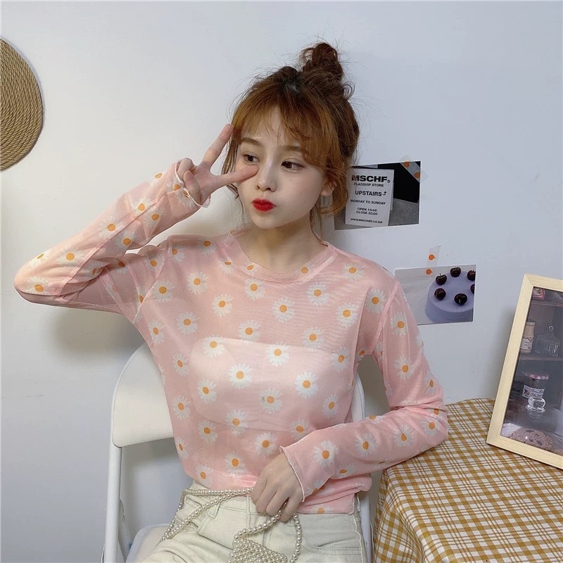 mayura_stores No.E954 เสื้อแขนยาวผ้าโปร่งแสงซีทู (ผ้าบาง) ลายดอกไม้ขาวใหญ่ เสื้อผ้าแฟชั่น ขนาดFree Size 🌟ส่งจากไทย🌟