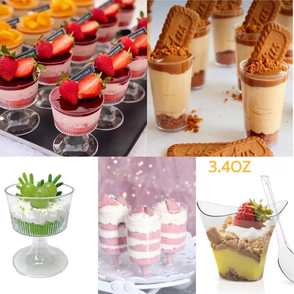 ถ้วยมูสมินิ Dessert Cup 60–120 ml | ถ้วยขนมพลาสติกใส แบบแข็ง | ทรงกลม/สามเหลี่ยม/ขาตั้ง | แพ็ค 10 ใบ