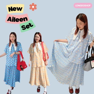 Longdopaws : Aileen set ชุดเซ็ทเสื้อคอบันนี่+กระโปรงยาวอัดพลีทใส่สบายมีซับใน