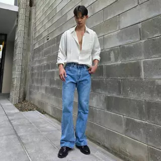 Golden Zebra Jeans กางเกงยีนส์ชายขาม้าฟ้าฟอกขัดด่าง สีสนิมเขียว #339