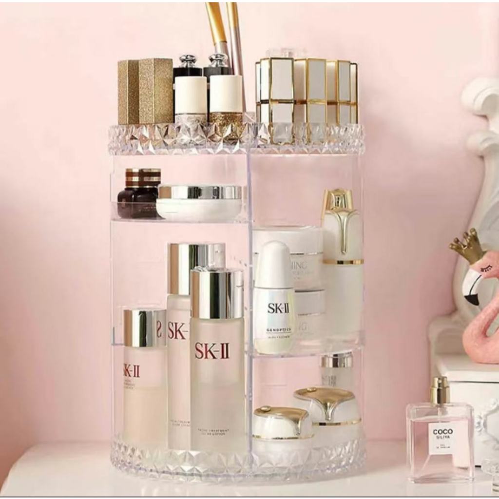 （แบบอย่าง:9303）สินค้าพร้อมส่ง กล่องเก็บเครื่องสำอางอะคริลิค ชั้นวาง เครื่องสำอางกล่องวางเครื่องสำอาง หมุนได้ 360°ลายเพรช