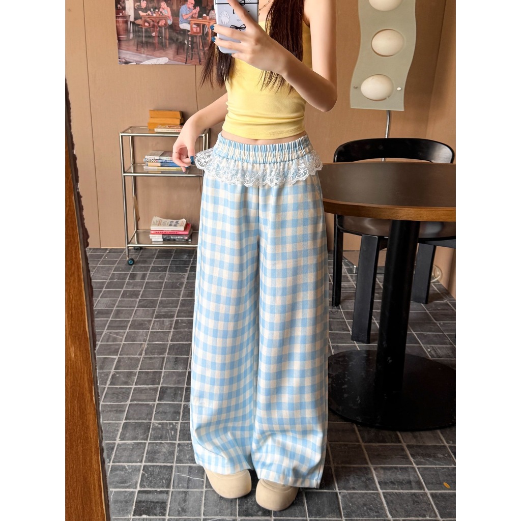 กางเกงผ้าลูกไม้ปะลาย กางเกงลำลองผู้หญิง กางเกงลายสก็อตสีฟ้า เอวสูง ทรงหลวม