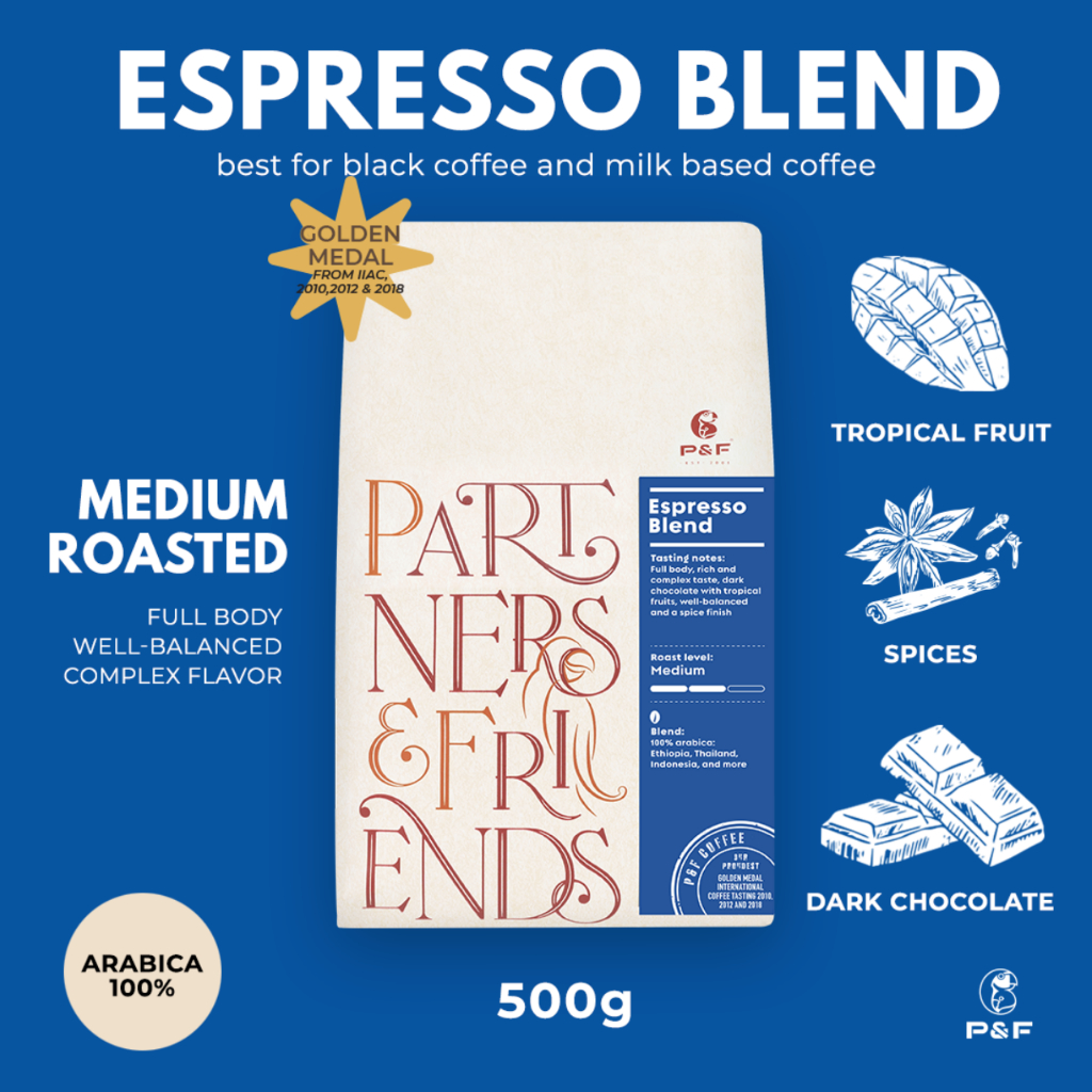 P&F Espresso Blend ขนาด 500g เมล็ดกาแฟคั่ว Arabica 100% (คั่วกลาง) | P&F Coffee พีแอนด์เอฟ คอฟฟี่