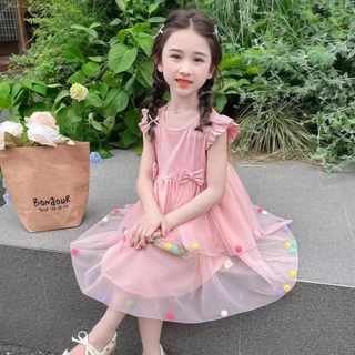 PRINCESS KESLI ชุดเดรสเจ้าหญิง คอกลม แขนพอง พิมพ์ลายดอกไม้ ประดับโบว์ สําหรับเด็กผู้หญิง 1-9 ปี
