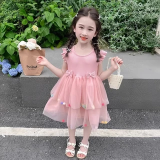 PRINCESS KESLI ชุดเดรสเจ้าหญิง คอกลม แขนพอง พิมพ์ลายดอกไม้ ประดับโบว์ สําหรับเด็กผู้หญิง 1-9 ปี