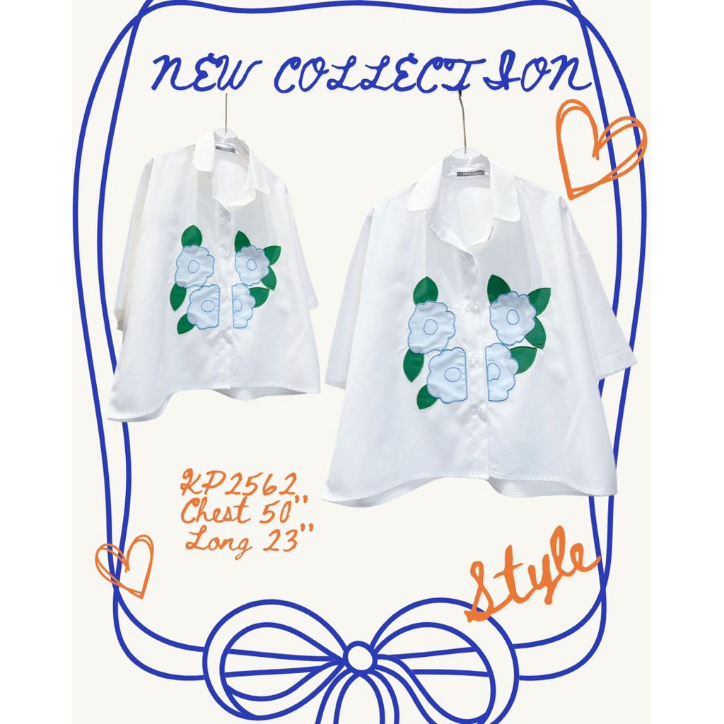 💐🌺flower🌺💐เสื้อเชิ้ตแขนสั้นปักดอกไม้2ข้าง💐ทรงใหญ่ ทรง over sizeใส่แมทช์ได้ทุกลุคทุกสไตล์💐2562