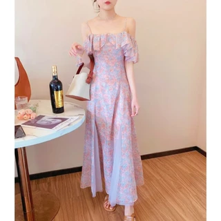 floral dress เดรสสีชมพู น่ารัก ไปทะเล ออกงาน เปิดไหล่ แฟชั่น ยาว เดรสเกาหลี ชุดราตรี