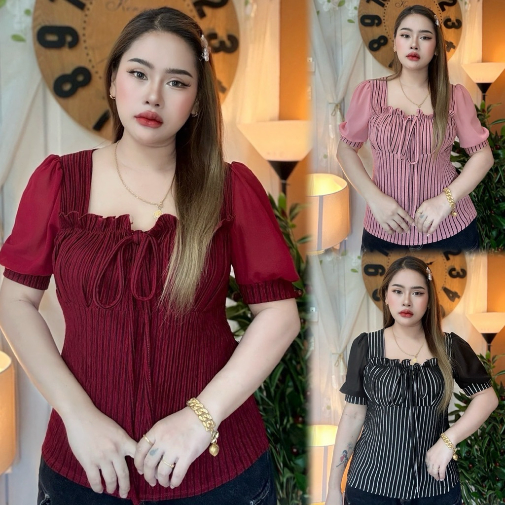 เสื้อผ้าสาวอวบร้านต๋อง อก 38-44  ยาว 24  จั้มอกแขนชีฟองลายริ้วแขนสั้น  รุ่น ทับทิม