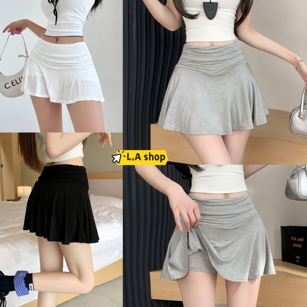 L.A Shop★สไตล์ใหม่★พร้อมส่ง กระโปรงสั้นเอวต่ําสาวร้อนพร้อมกางเกงนิรภัยผ้าม่านฤดูร้อนจีบกระโปรง "FY28