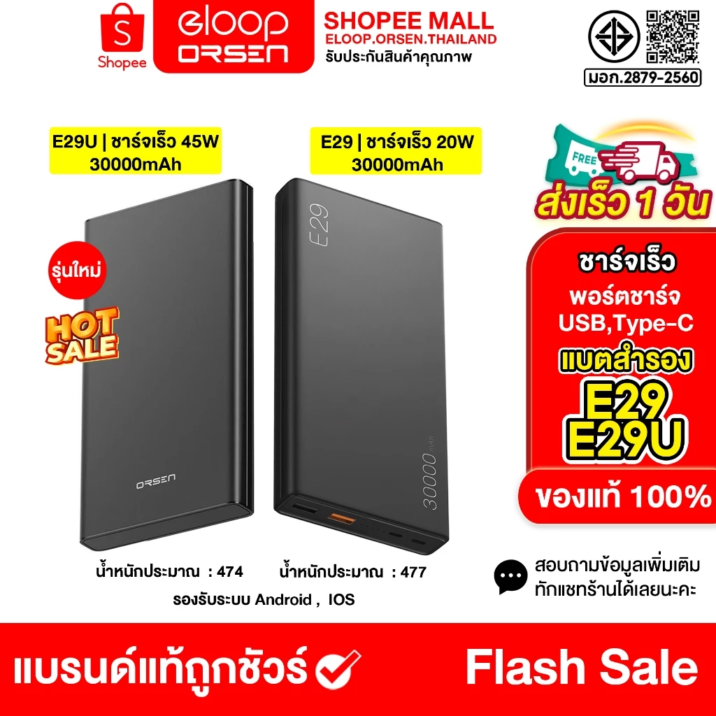 Eloop E29,E29 Ultra ( สีดำ) แบตสำรอง 30000mAh QC3.0 PD 30W ชาร์จเร็ว Power Bank Fast Quick Charge ของแท้ 100%