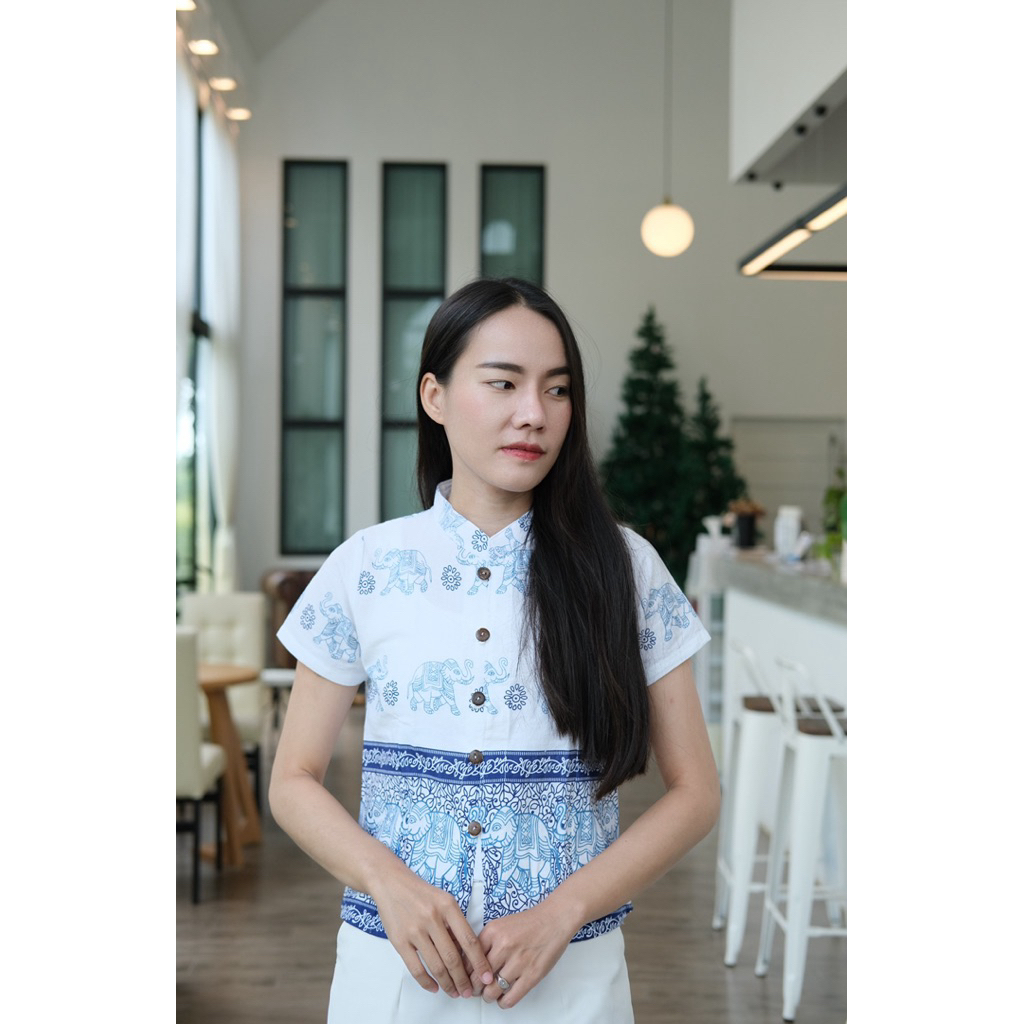เสื้ิอผ้าฝ้ายพิมพ์ลายช้างไทยชาย หญิง สุภาพผ้านิ่มใส่สบาย