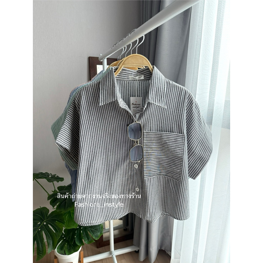 [อก 44] เสื้อเชิ๊ตแขนสั้นผ้าคอตตอนกระเป๋าเดี่ยว (QB7)