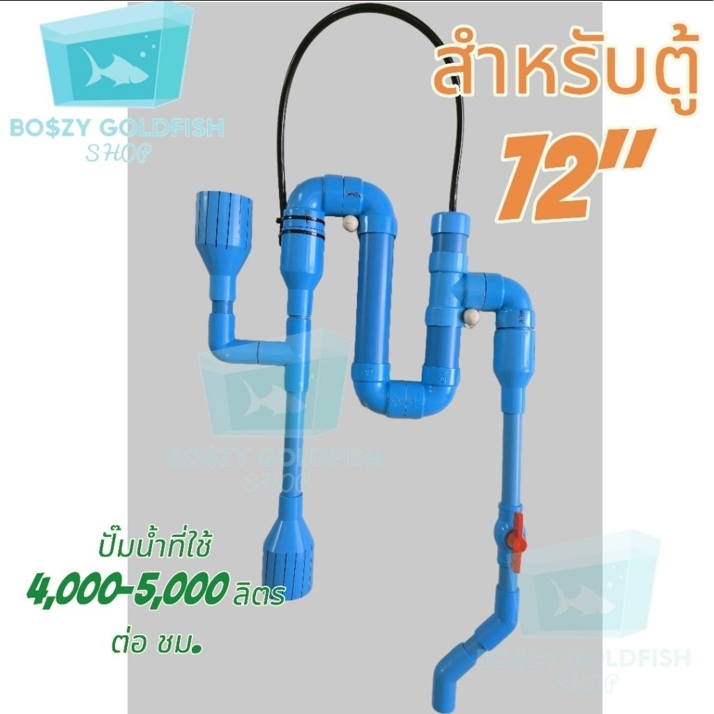 โอเวอร์โฟลว์ ตู้ปลาสวยงาม สีฟ้า รูปแบบท่อสีน้ำเงิน ดีไซน์พิเศษในโทนสีฟ้าสดใส