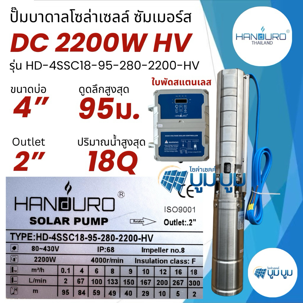 ปั๊มน้ำบาดาลโซล่าเซลล์ Handuro DC HV 2200w high voltage 3 แรง ดูดลึก 185ม. 95ม. ปั๊มโซล่าเซลล์ DC Ha