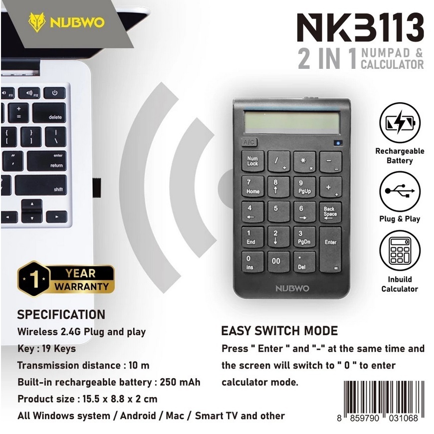 Nubwo NKB113 Numpad+Calculator 2 In 1 แป้นพิมพ์ตัวเลขไร้สาย+เครื่องคิดเลข
