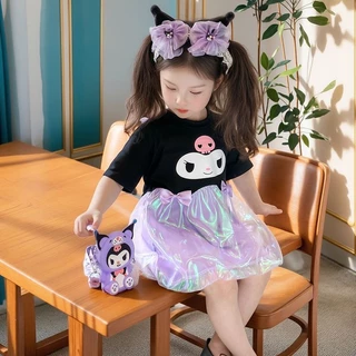 🇹🇭ส่งไวทันที 🇹🇭 ชุดเดรสแขนสั้นคุโรมิ ชุดเด็กผู้หญิง Kuromi ชุดการ์ตูน กระโปรงโคมไฟเจ้าหญิง แฟชั่นและน่ารัก 4-8ขวบ