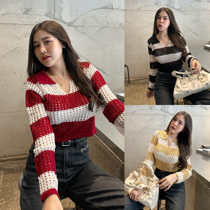 เสื้อครอป คอปกโปโล ครอปแขนยาว ผ้าไหมพรมแต่งฉลุ ทอลายสลับสี เสื้อใส่ไปทะเล สาวอวบใส่ได้ รุ่น หมดแก้ว