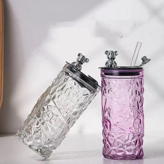 ปลีก/ส่ง แก้วน้ำทรงเพชร หรูหรา กระบอกน้ำมีฝาปิดพร้อมหลอด เลือกสีได้ 330ML