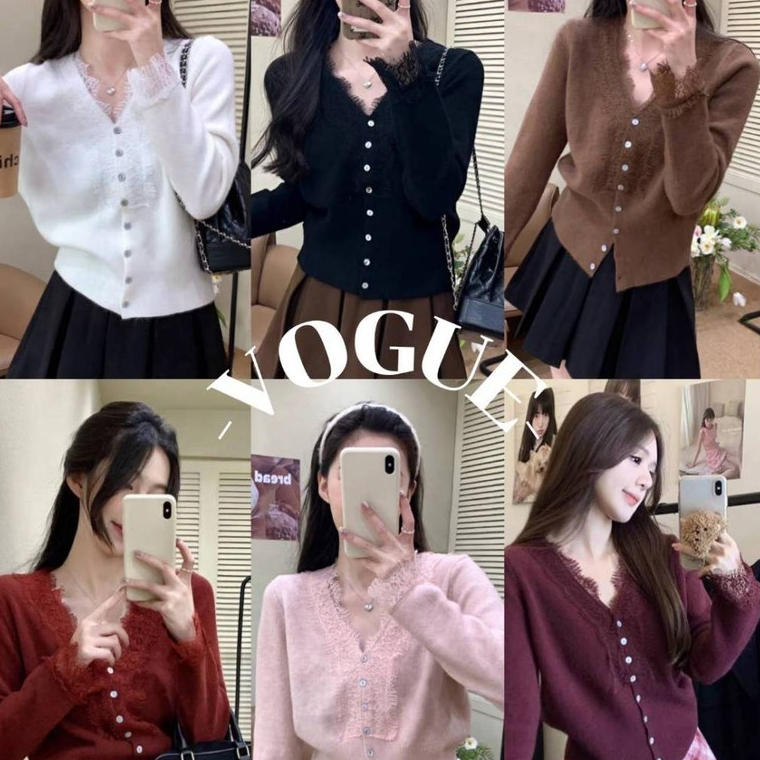 Vogue🌟พร้อมส่ง🌟 พร้อมประดับด้วยลูกไม้ เสื้อถักแขนยาวคอวี ประดับด้วยลูกไม้ มีสีต่างๆให้เลือก (Z-T620)