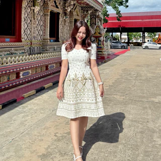 เดรสผ้าไทย ชุดงานบวช ผ้าฝ้ายอัดกาวอย่างดี by Raphee