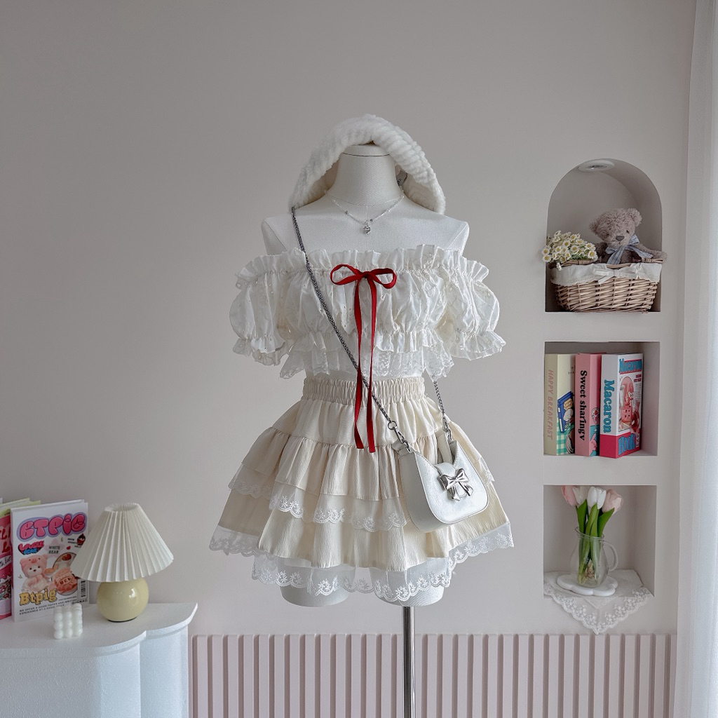 🌷🍦🪽 ชุดเซตปาดไหล่ฉลุ กระโปรงขนมชั้นลูกไม้