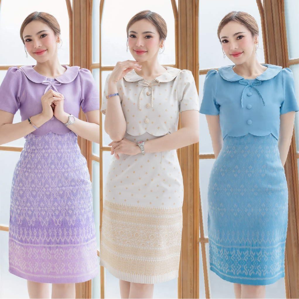 [พร้อมส่ง] ชุดเดรส ทรงสวย ผ้าทอลายไทย อัดกาวทั้งชุด