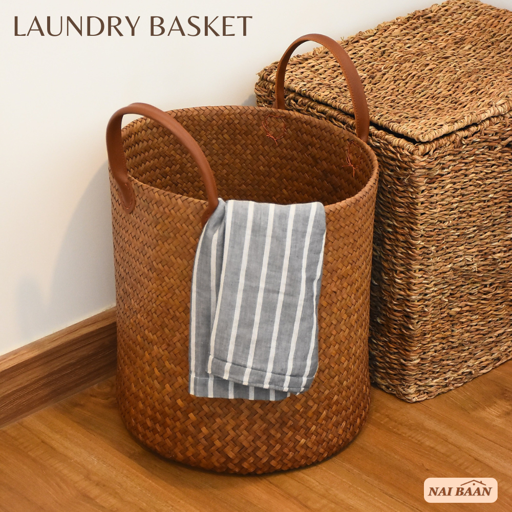 NAIBAAN ตะกร้าผ้า วัสดุต้นกระจูด ตะกร้าสาน สีธรรมชาติ ตะกร้าสานมือ