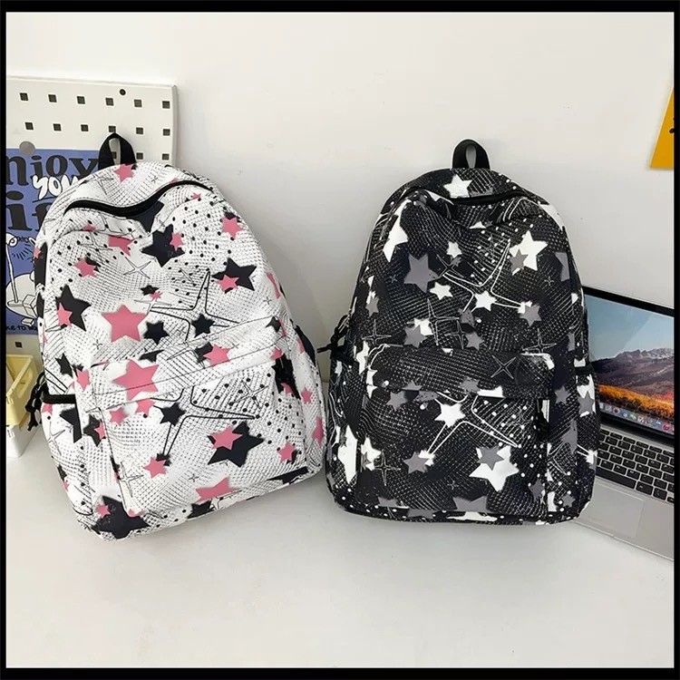 กระเป๋าเป้งานพรีเมี่ยม สีคมชัด ลายดาว กระเป๋าเป้สะพายหลัง เป้นักเรียนใส่หนังสื่อ สัมภาระ ผ้าไนลอน จุของได้เยอะ พร้อมส่ง - รูปที่ 4