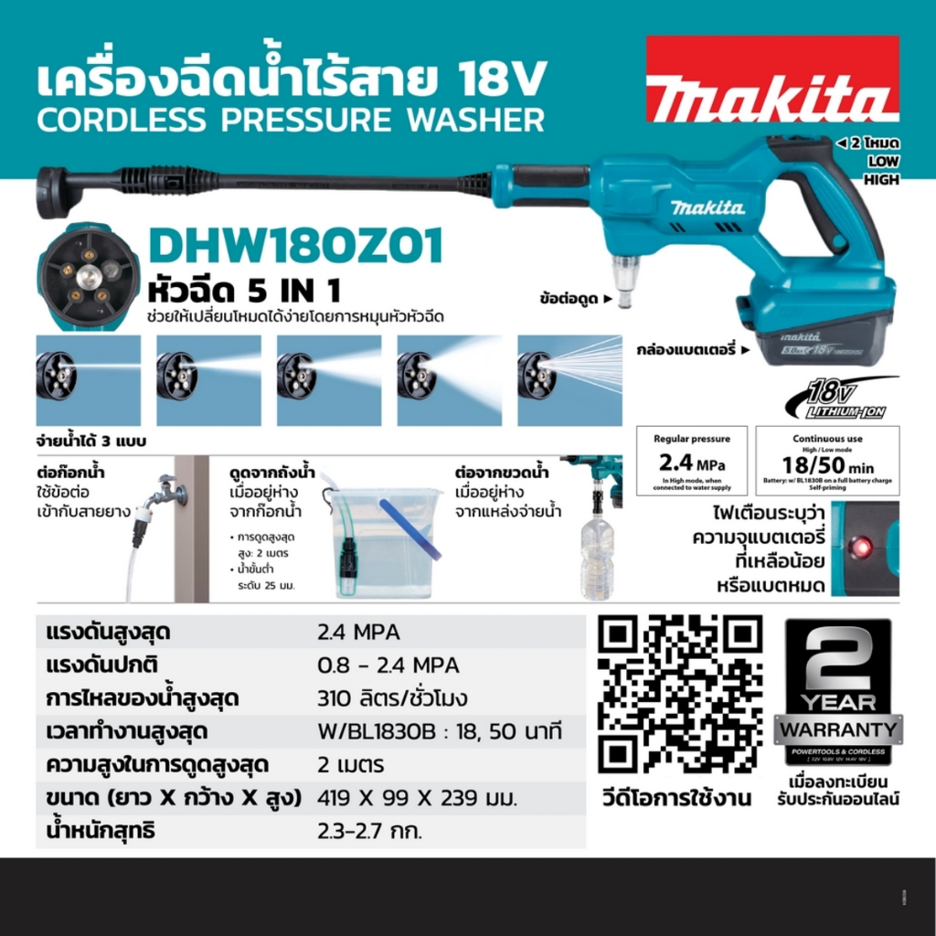 MAKITA เครื่องฉีดน้ำไร้สาย 18 โวลต์ แรงดันสูงสุด 2.4 MPA รุ่น DHW180Z01 อัตราการไหลน้ำสูงสุด 310 ลิต