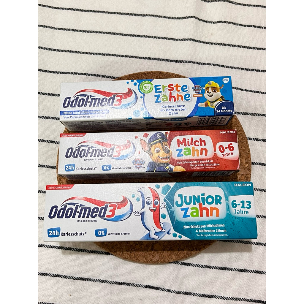 ยาสีฟันเด็กเยอรมัน odol-med3 milch zahn ผสมฟูลโอไลน์ 3สูตร