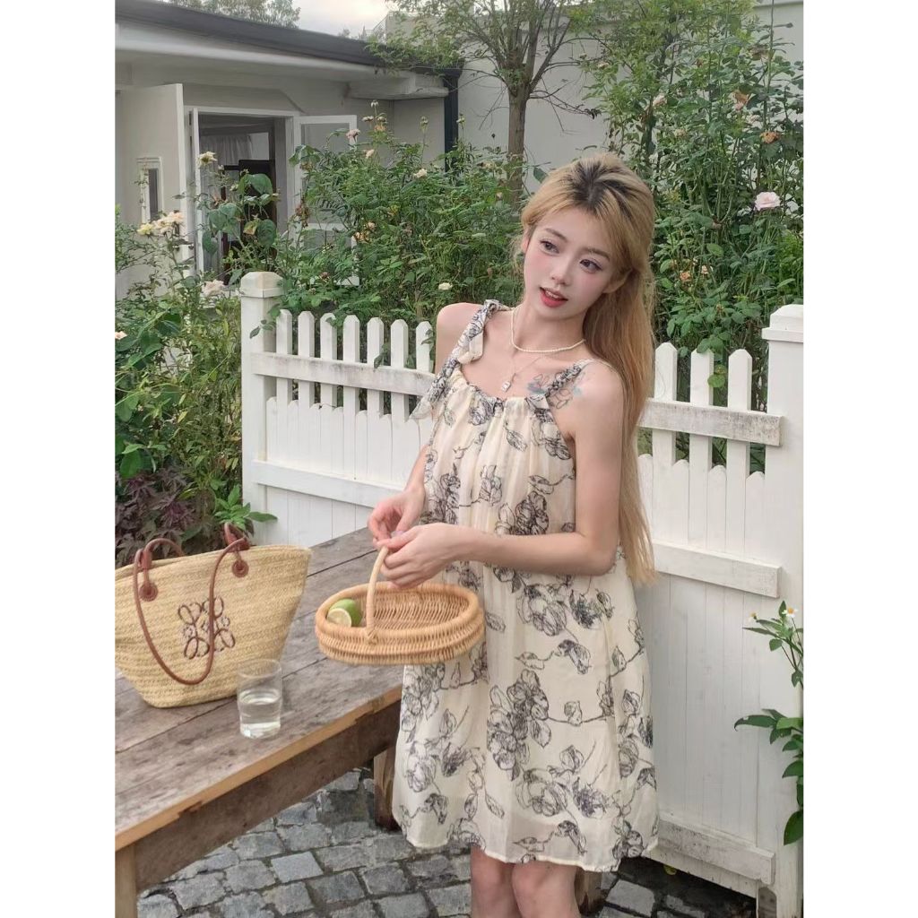 🍄ชุดเดรส,🍄สายแขวนแบบหลวมหมึกใหม่เป็นกระโปรงที่อ่อนโยนและอ่อนหวานในฤดูร้อน