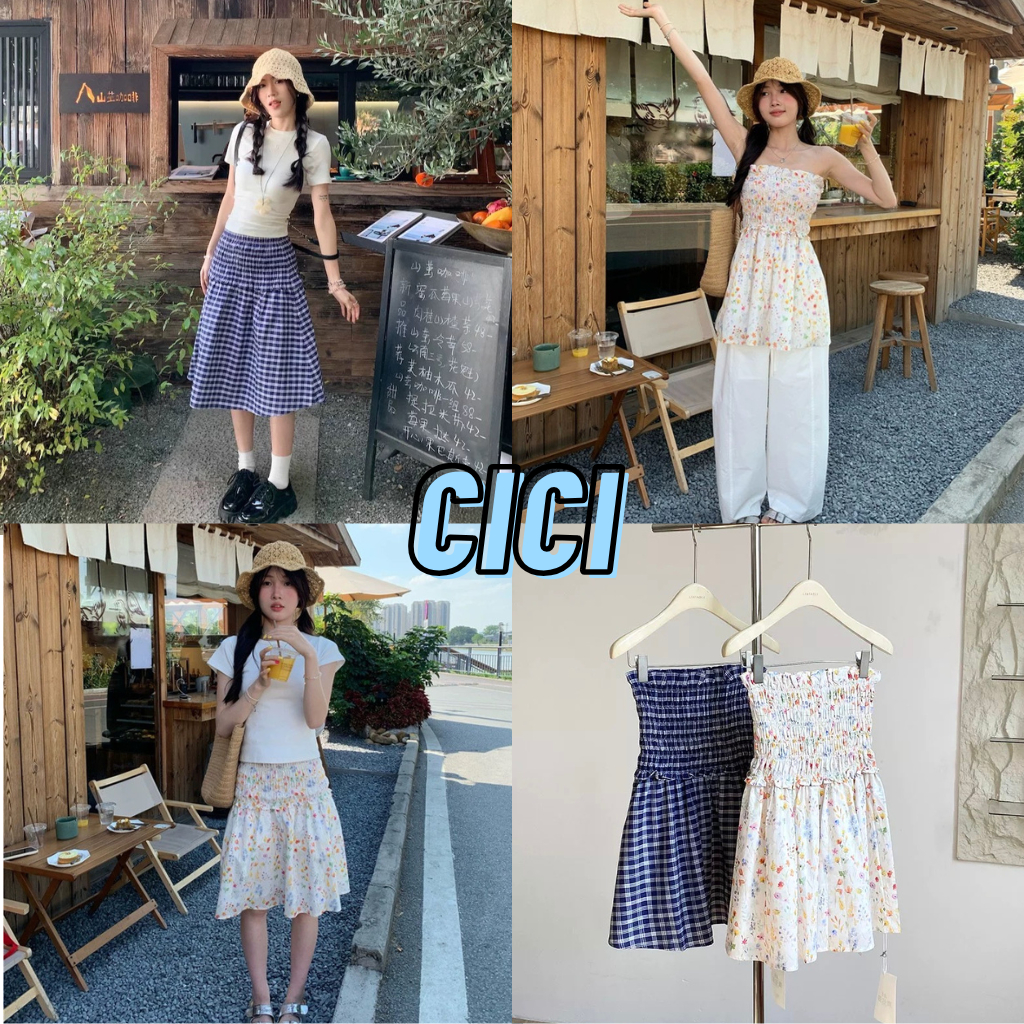 ส่งทันที Cici(NO. J2133) เดรสสั้นเกาะอกสม็อครอบตัว ใส่เป็นกระโปรงได้ ลายตาราง/ลายดอกไม้ มีซับใน ใส่ไปเที่ยวเล่นแนววินเทจ