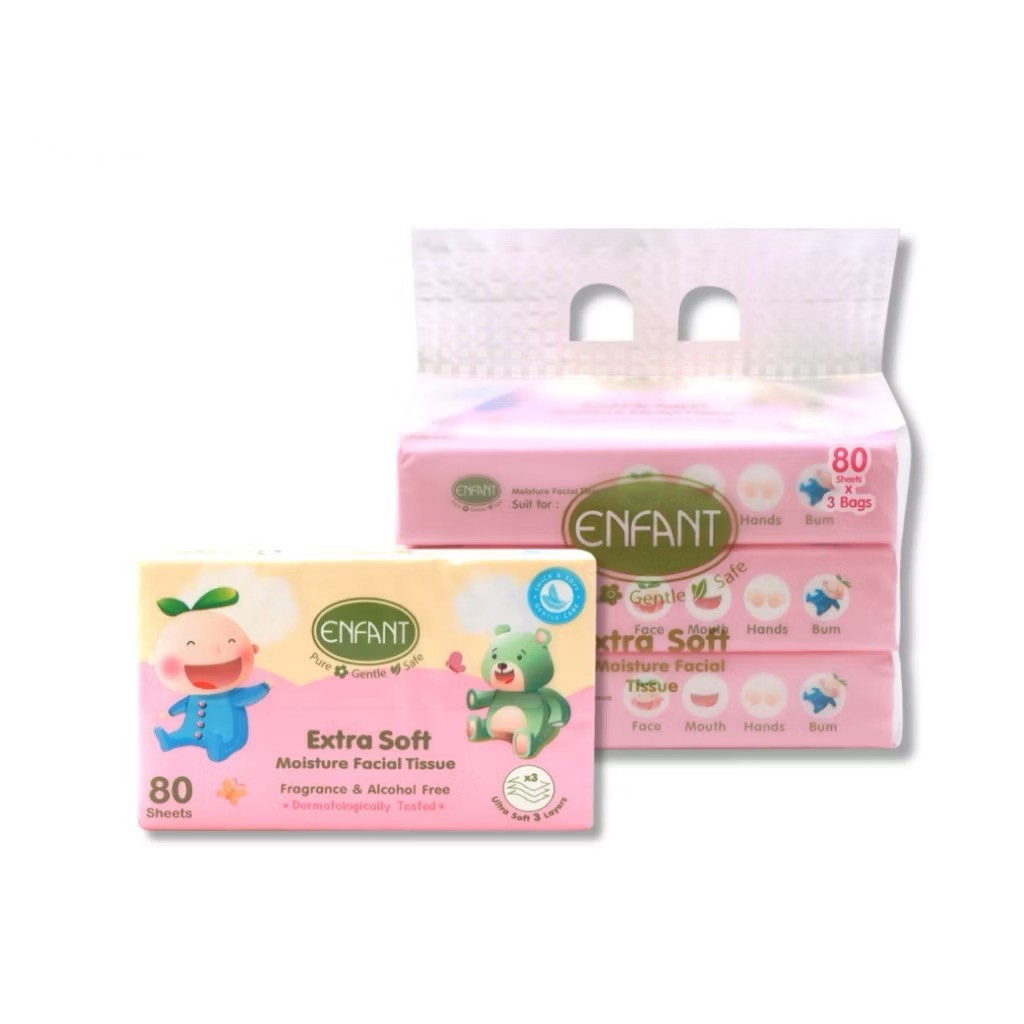 Enfant (อองฟองต์) Extra Soft Moisture Facial Tissue ทิชชู่ผสมมอยส์เจอร์ ชนิดนุ่มพิเศษ แพ็ค 3 ห่อ
