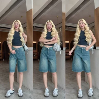 ⭐919JEANS⭐เอวสูง กางเกงยีนส์ขาสั้น ทรงหลวมขากว้าง สไตส์วินเทจ เก็บทรงสวย