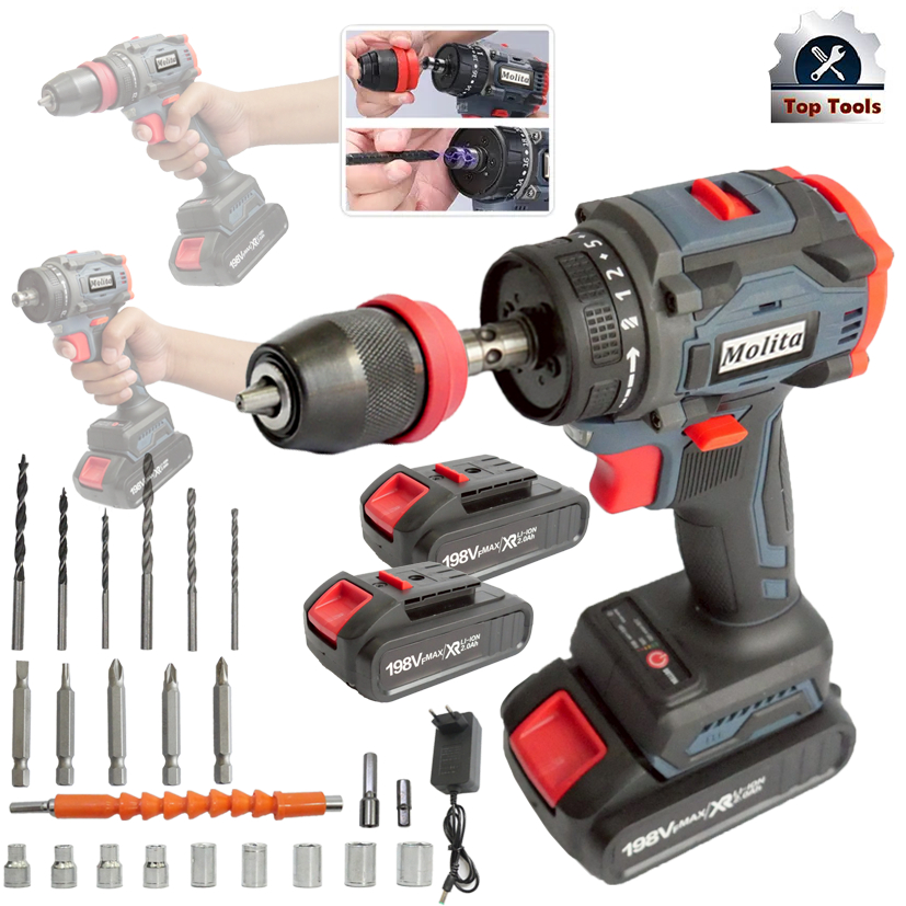 MOLITA สว่านไร้สาย สว่านไร้สายแท้ สว่านไฟฟ้าไร้สาย 198V ไขควง ไฟฟ้า สว่านไขควงไร้สาย สว่านไขควงกระแท