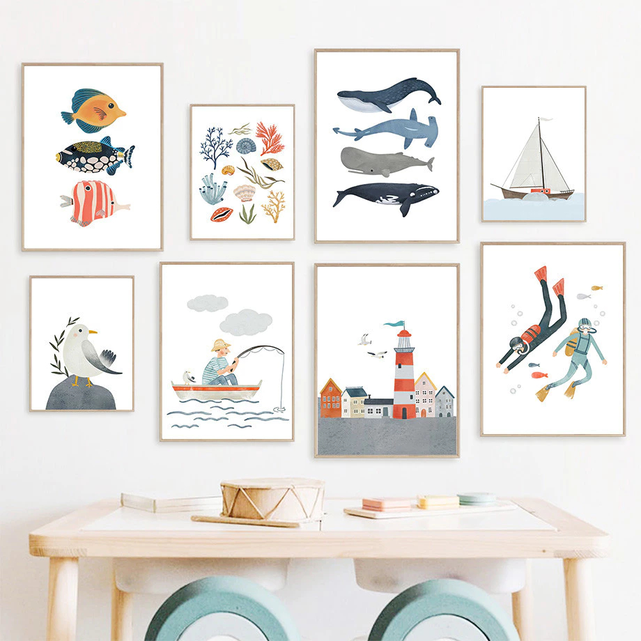 (พร้อมส่งจากไทย ภาพรวมกรอบ)ภาพสีน้ำ เรือใบ ปลาวาฬ ปะการัง หอย ดำน้ำ Wall Art ตกแต่งบ้าน ห้องเด็ก