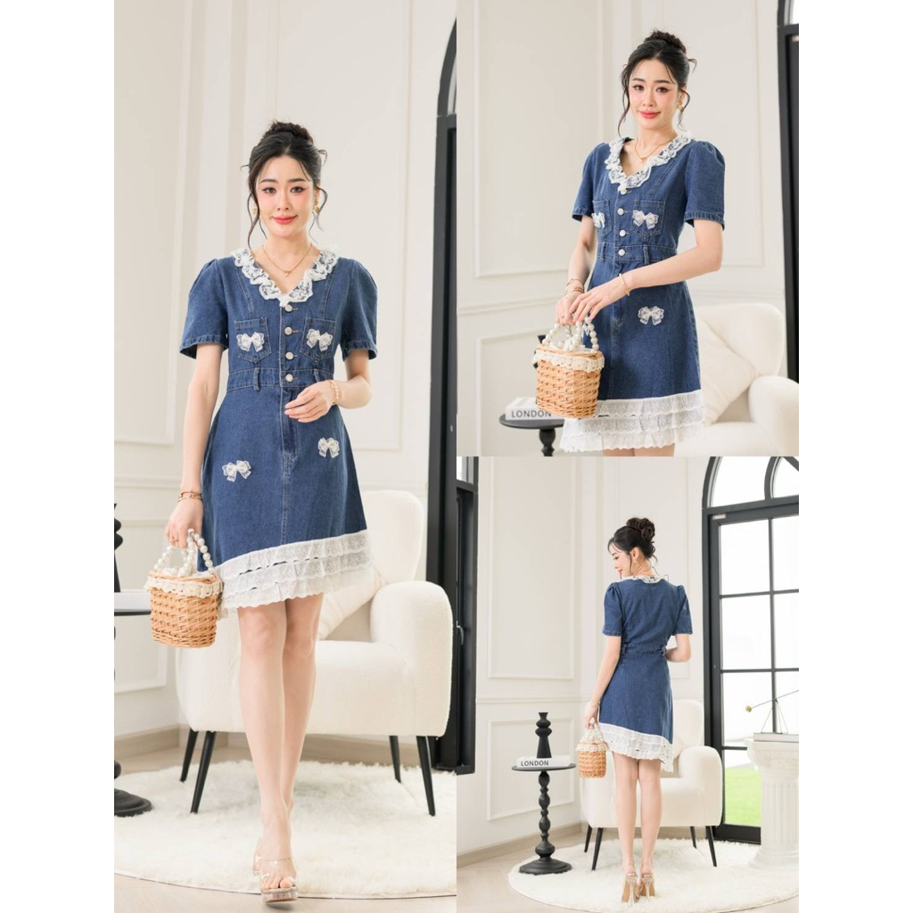 (m-2xl) เดรสยีนส์ เดรสสั้น แต่งระบายลูกไม้ ติดอะไหล่โบว์ น่ารักมากๆ งานป้าย ananya