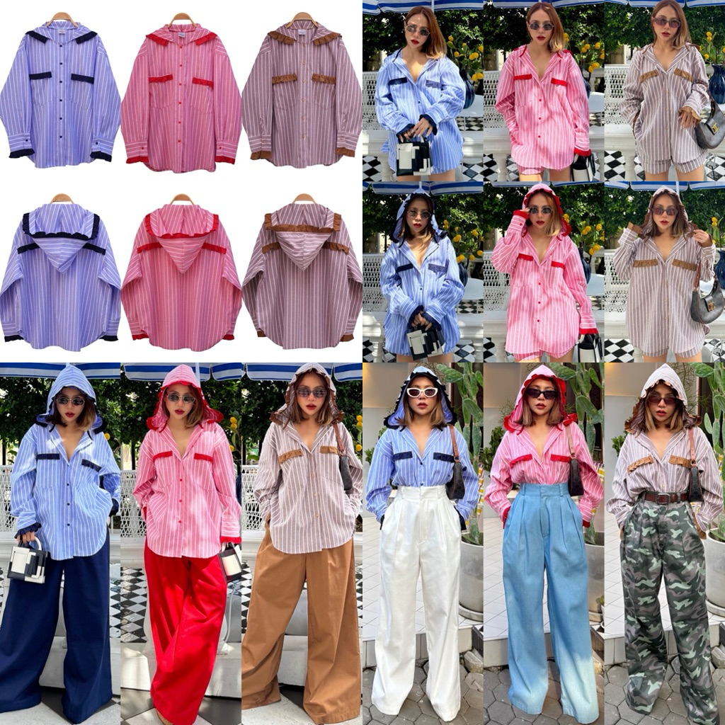 Bright by Aruna:เสื้อเชิ้ตฮูดดี้(Hooddy striped shirt)